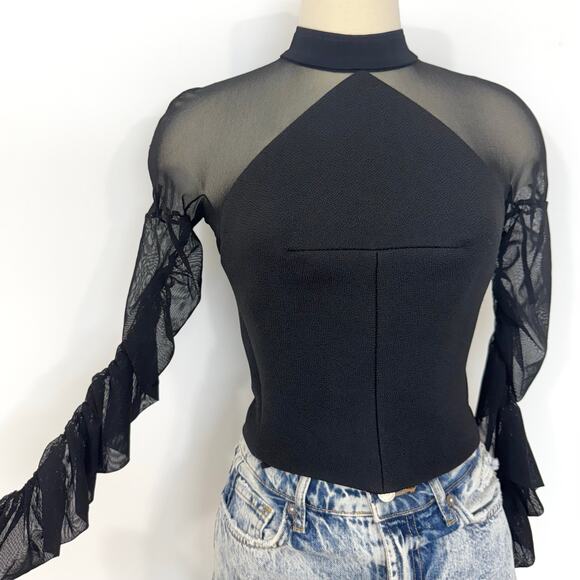 Balenciaga Mock Neck Mesh Cropped Top Long Ruched Sleeves Black 36 (US 4) - Picture 2 of 11